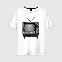Футболка оверсайз женская Старый телевизор черно-белый шум и череп, цвет: белый