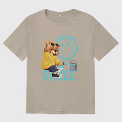 Футболка оверсайз женская Плюшевый медведь и смайлик, цвет: миндальный