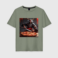 Женская футболка оверсайз Самурай с пиццей