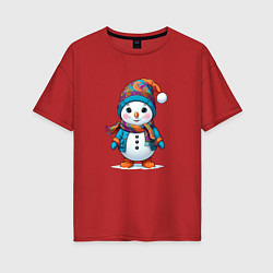 Футболка оверсайз женская Снеговик в шапочке и с шарфом, цвет: красный