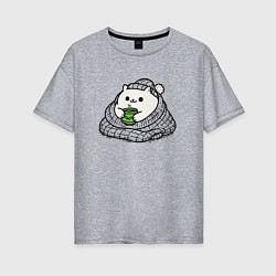 Женская футболка оверсайз Укутанный котик с горячим чаем
