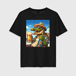 Женская футболка оверсайз Чувак крокодил с пивом на пляже