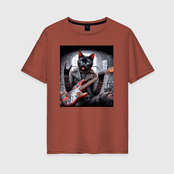 Женская футболка оверсайз Чёрный котяра рок гитарист