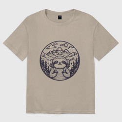 Футболка оверсайз женская Ленивец турист с рюкзаком, цвет: миндальный