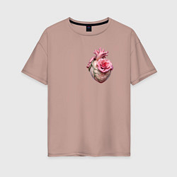 Женская футболка оверсайз Настоящее сердце и роза цветка