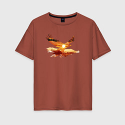 Женская футболка оверсайз Летящий орел и пейзаж с эффектом двойной экспозици