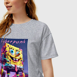 Футболка оверсайз женская Sponge Bob with a pistol - cyberpunk ai art, цвет: меланж — фото 2