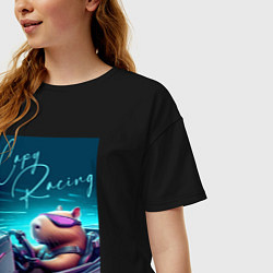 Футболка оверсайз женская Капибара гонщик - нейросеть, цвет: черный — фото 2