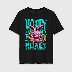 Женская футболка оверсайз Розовый полигональный кролик с деньгами и глаз
