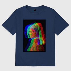 Футболка оверсайз женская Девушка с жемчужной серёжкой с глюками, цвет: тёмно-синий