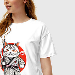 Футболка оверсайз женская Ниндзя кот с саблей красное солнце, цвет: белый — фото 2
