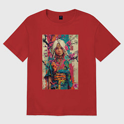 Футболка оверсайз женская Белокурая индейская девушка в японском кимоно - жи, цвет: красный