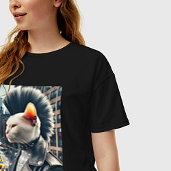 Футболка оверсайз женская Котик панк житель Нью-Йорка - нейросеть, цвет: черный — фото 2