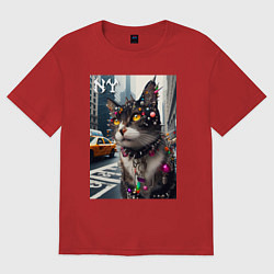 Футболка оверсайз женская Пирсинг Нью-Йоркского кота - нейросеть, цвет: красный