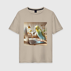 Женская футболка оверсайз Волнистый попугай с ноутбуком