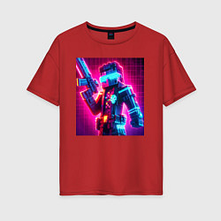 Женская футболка оверсайз Minecraft and cyberpunk collaboration - neon glow