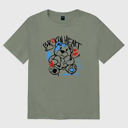 Футболка оверсайз женская Разбитое сердце и медведь, цвет: авокадо