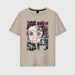 Женская футболка оверсайз Тандзиро иероглифы Клинок рассекающий демонов