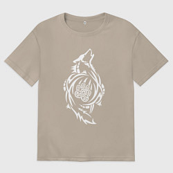 Футболка оверсайз женская Волк с символом - оберегом лапа волка, цвет: миндальный