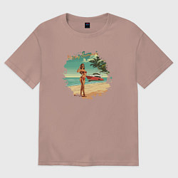Футболка оверсайз женская Девушка с яхтой на пляже, цвет: пыльно-розовый