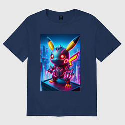 Футболка оверсайз женская Ужасный пикачу - нейроарт неоновое свечение, цвет: тёмно-синий