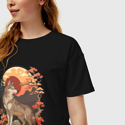 Футболка оверсайз женская Волк в лесу в японском стиле, цвет: черный — фото 2
