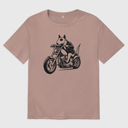 Футболка оверсайз женская Бультерьер байкер на мотоцикле чоппере, цвет: пыльно-розовый