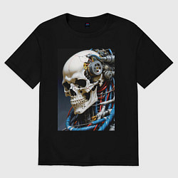 Футболка оверсайз женская Кибер череп - нейроарт фантазия, цвет: черный