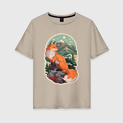 Футболка оверсайз женская Лиса и горы, цвет: миндальный