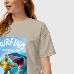Футболка оверсайз женская Homer Simpson and shark - surfing never alone, цвет: миндальный — фото 2