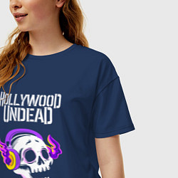 Футболка оверсайз женская Hollywood Undead - неоновый череп, цвет: тёмно-синий — фото 2