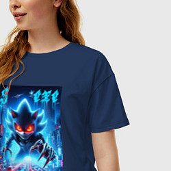 Футболка оверсайз женская Hedgehog in neon metropolis - ai art, цвет: тёмно-синий — фото 2