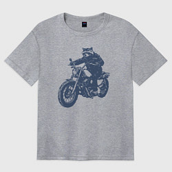 Футболка оверсайз женская Енот байкер на мотоцикле на чоппере, цвет: меланж