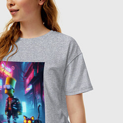 Футболка оверсайз женская Барт Симпсон гуляет с роботом котом в ночном город, цвет: меланж — фото 2