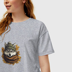 Футболка оверсайз женская Серый волк в шапке и шарфе, цвет: меланж — фото 2