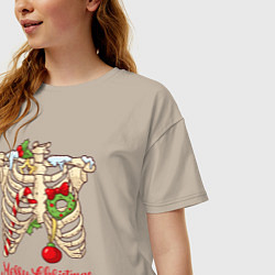 Футболка оверсайз женская Merry Christmas - skeleton, цвет: миндальный — фото 2