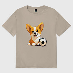 Футболка оверсайз женская Корги с футбольным мячом, цвет: миндальный