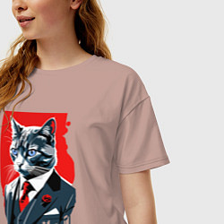 Футболка оверсайз женская Кот джентльмен с голубыми глазами - мем, цвет: пыльно-розовый — фото 2