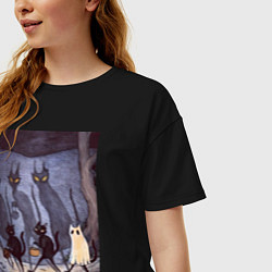 Футболка оверсайз женская Коты на хэллоуин, цвет: черный — фото 2