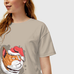 Футболка оверсайз женская Новогодний кот, цвет: миндальный — фото 2
