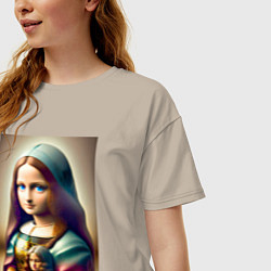 Футболка оверсайз женская Маленькая Мона Лиза в детстве с куклой - нейроарт, цвет: миндальный — фото 2