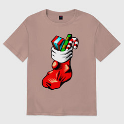 Футболка оверсайз женская Рождественский чулок, цвет: пыльно-розовый