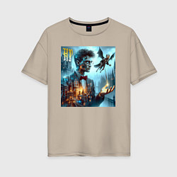 Футболка оверсайз женская Harry Potter wizard - cyberpunk, цвет: миндальный