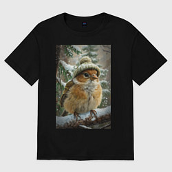 Футболка оверсайз женская Воробей в шапке, цвет: черный