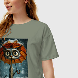 Футболка оверсайз женская Уличный кот под мокром снегом, цвет: авокадо — фото 2