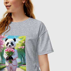 Футболка оверсайз женская Панда с букетом тюльпанов, цвет: меланж — фото 2