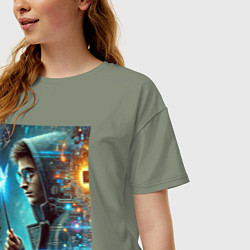 Футболка оверсайз женская Гарри Поттер - киберпанк, цвет: авокадо — фото 2
