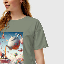 Футболка оверсайз женская Чаепитие крылатого слона - психоделика, цвет: авокадо — фото 2