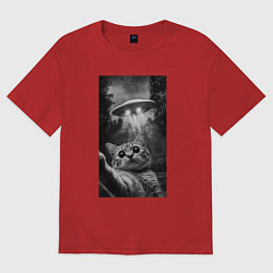 Футболка оверсайз женская Котейка и НЛО, цвет: красный