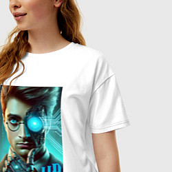 Футболка оверсайз женская Cyber Harry Potter - ai art neon fantasy, цвет: белый — фото 2